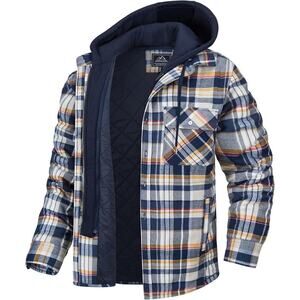 MAGCOMSEN Flannel Jacket Plaid‎ Shacket Hood Layer Hoodie Blue Tan Sz M Men's